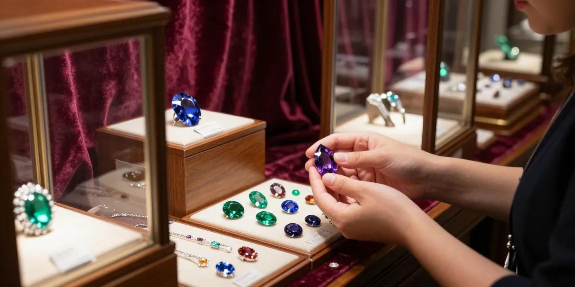 Showcasing gems at https://www.mygemspot.com with curator highlighting vibrant gemstones in elegant gallery.