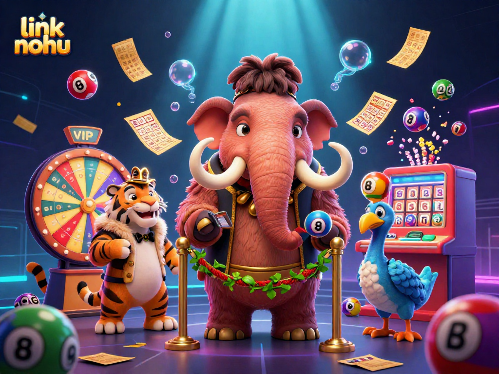 Catch the excitement of link nohu as a woolly mammoth bouncer checks IDs at a vibrant casino entrance.