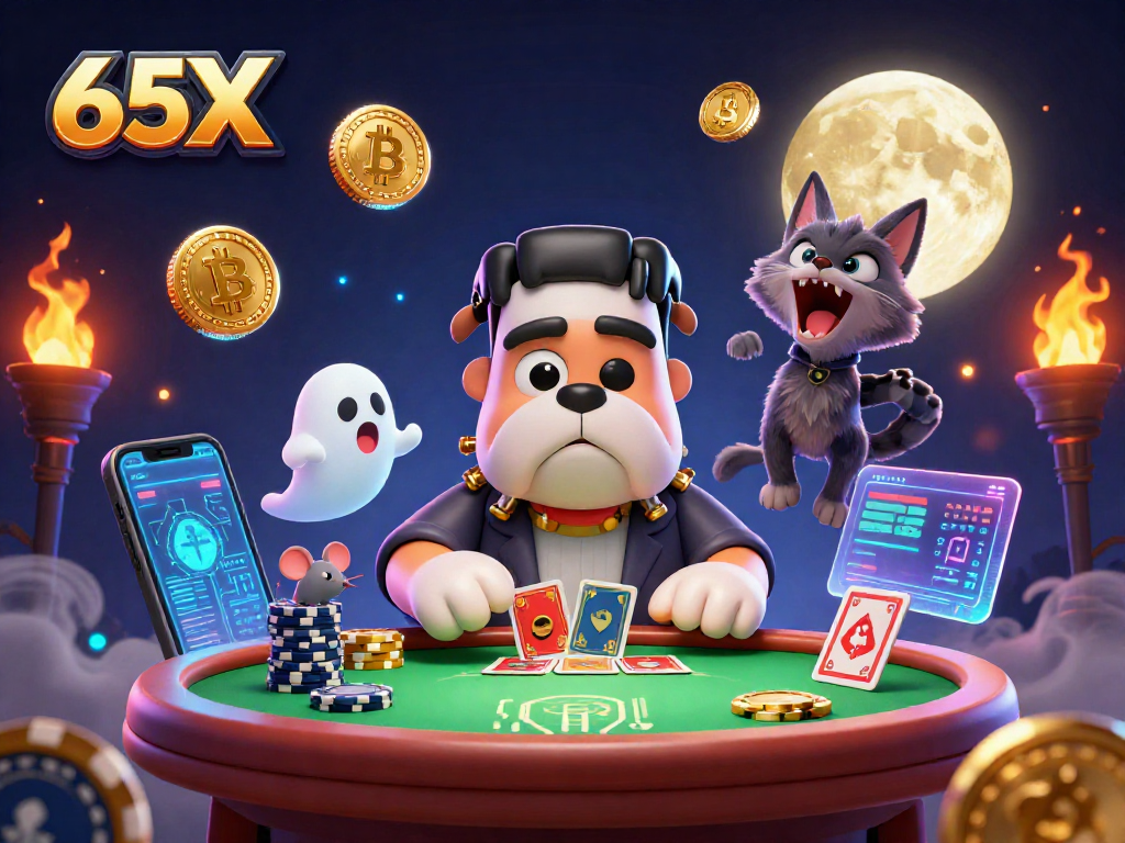 O 65X é um cassino virtual vibrante onde um buldogue Frankenstein distribui cartas.