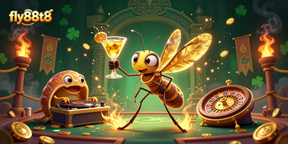 Engage with fly88t8's thrilling casino scene featuring a vibrant mosquito mascot, trilobite DJ, and golden roulette wheel.