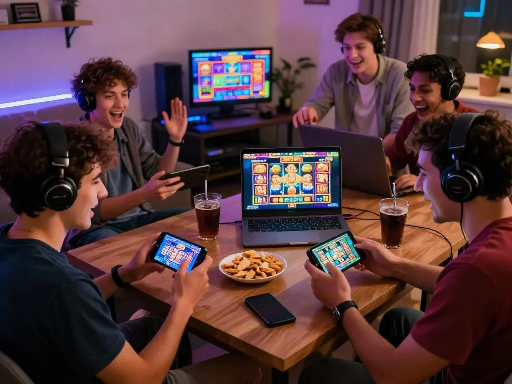 Excited players engaging with slot games on smartphones and laptops, showcasing a vibrant online gaming atmosphere.