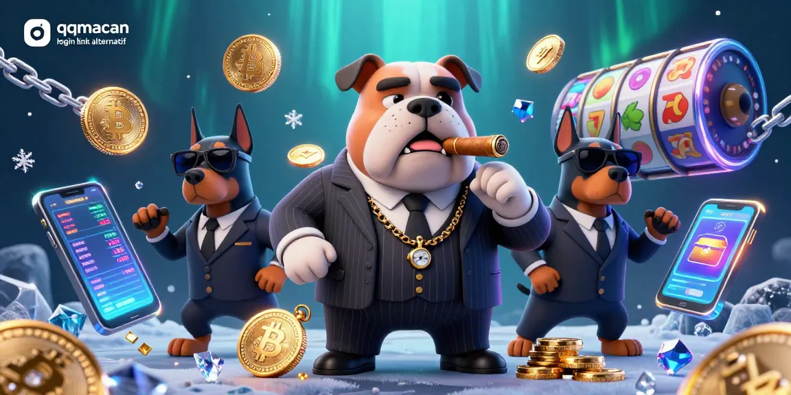 Engage with the qqmacan login link alternatif amidst a rich 3D illustrated casino scene featuring vibrant slot elements.
