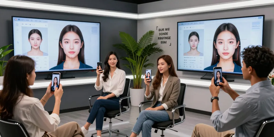 Participants engaging in an attractiveness test using AI technology to analyze their facial features in a modern studio.