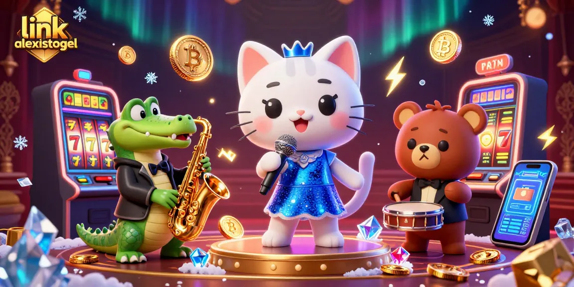 Experience excitement at link alexistogel with 3D cartoon characters performing amidst vibrant slot machines and crypto coins.