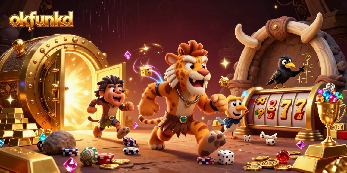 Bet big at okfunkd with a thrilling 3D casino scene showcasing a caveman duo and treasure vault.