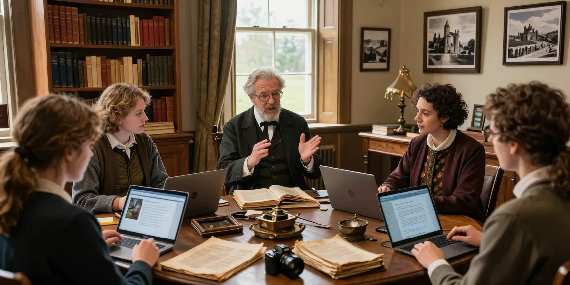 A passionate group exploring historical content from https://tyntescastle.com in a cozy library filled with antique books and artifacts.