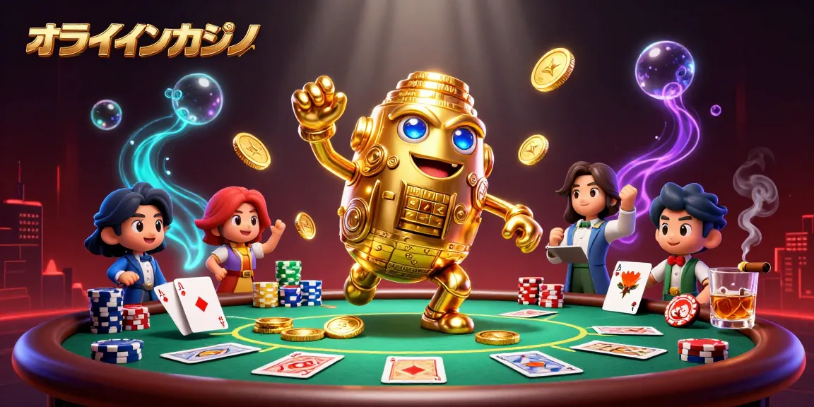 オンラインカジノでスロットやポーカーを楽しむ金色のゴーレムが登場するイラスト