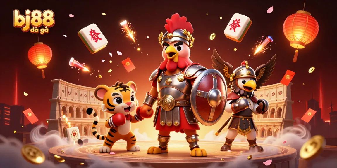 Experience intense bj88 đá gà action in a vibrant, engaging digital illustration featuring rooster gladiators and festive elements.