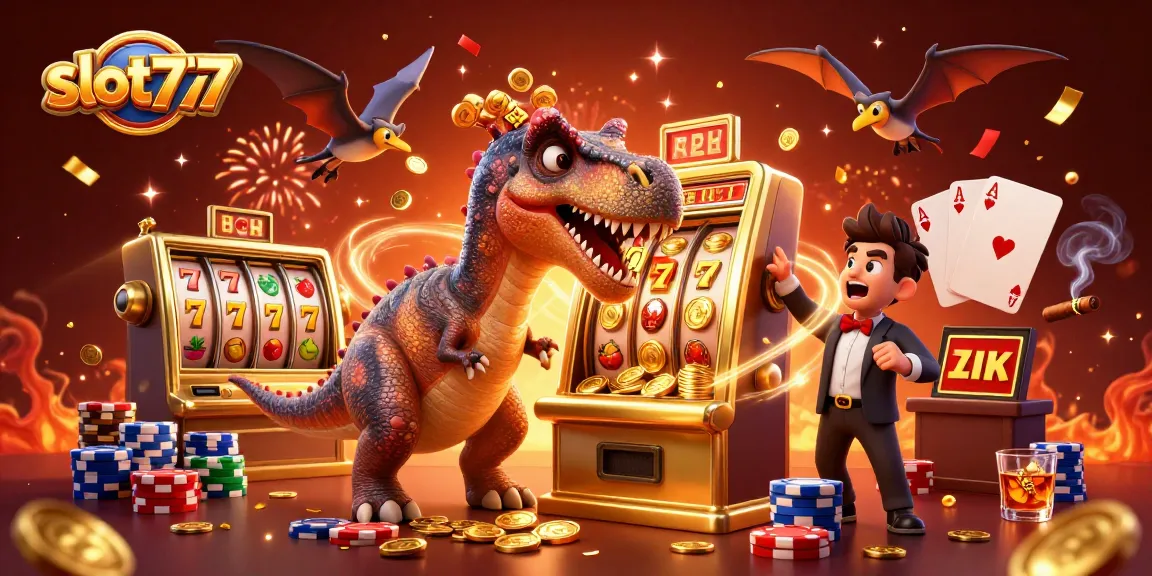 Experience excitement at slot777 as a pachycephalosaurus wins jackpot coins from a golden slot machine amidst a dynamic casino scene.