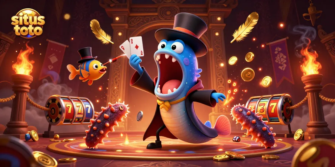 Experience situs toto excitement with a 3D magical scene of enchanted gambling characters performing thrilling tricks.