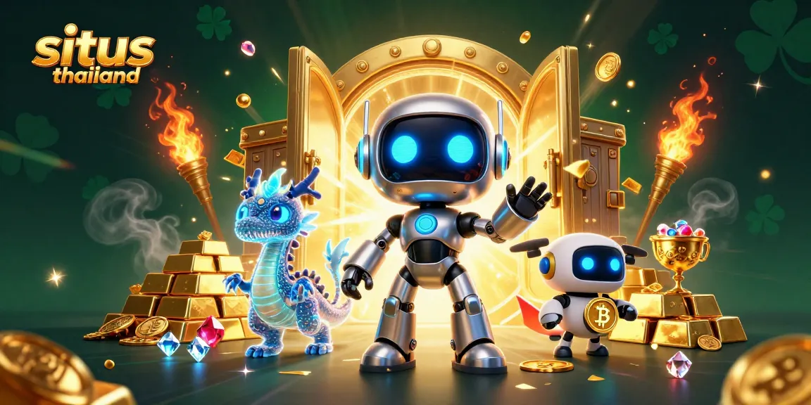 Spin and win at situs thailand with a vibrant 3D cyberpunk casino scene featuring treasures and cryptocurrencies
