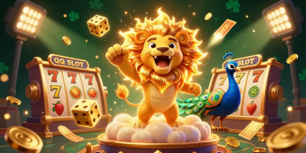 Experience the excitement of QQ SLOT with a dynamic casino scene featuring a roaring lion and vibrant slot elements.
