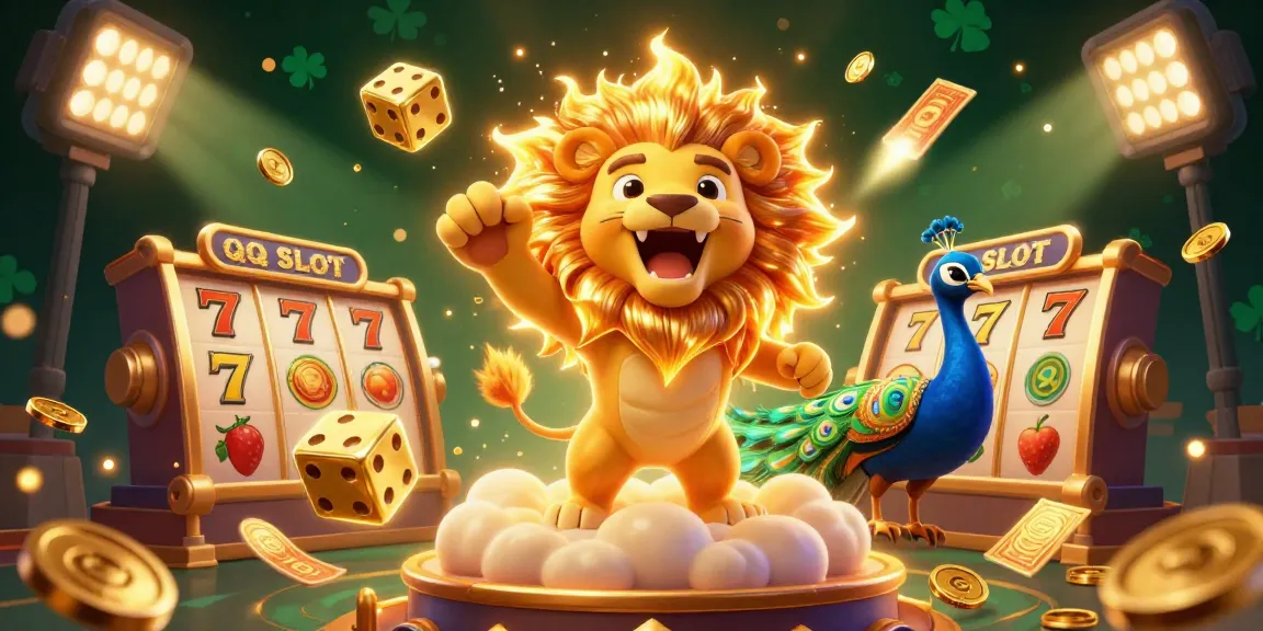 Experience the excitement of QQ SLOT with a dynamic casino scene featuring a roaring lion and vibrant slot elements.