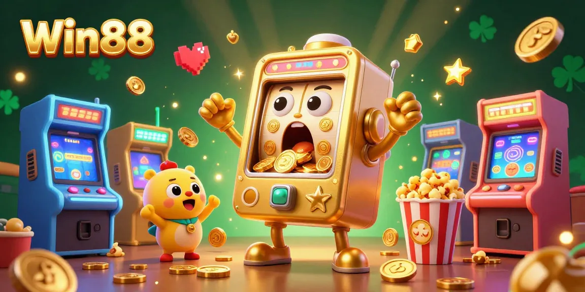 Win88 features a vibrant scene with a shocked golden slot machine hitting a jackpot, surrounded by cheering baby slots, embodying the excitement of online gaming.