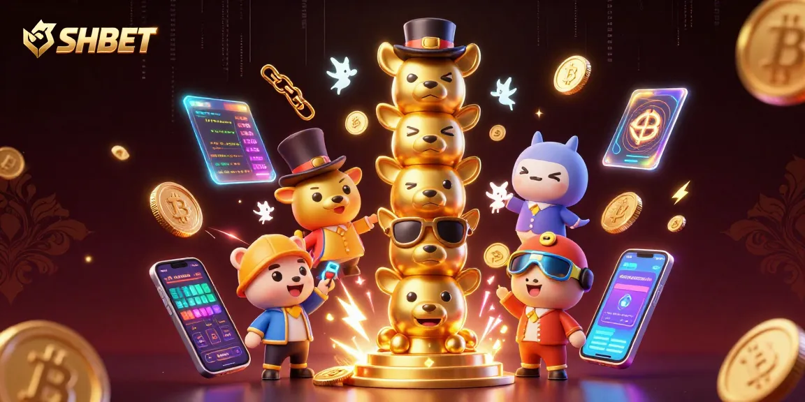 Experience excitement at SHBET with a vibrant 3D illustration of animal totems and crypto elements.