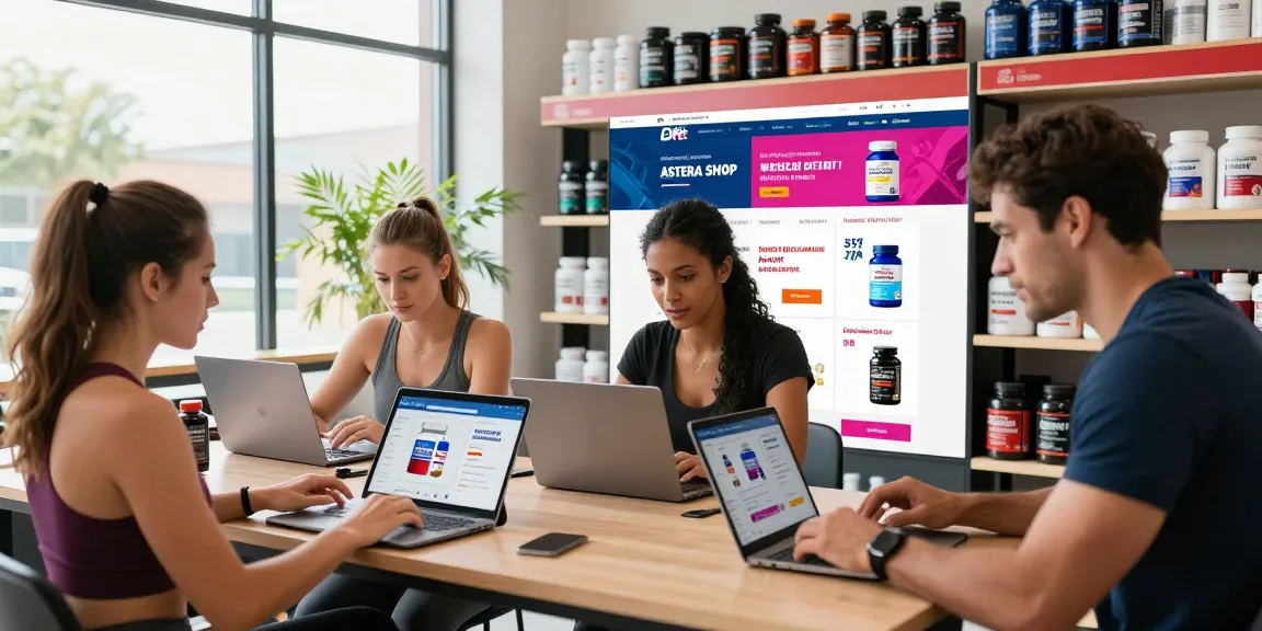 Fitness enthusiasts exploring Astera Shop's diverse range of steroids online with vibrant interface.