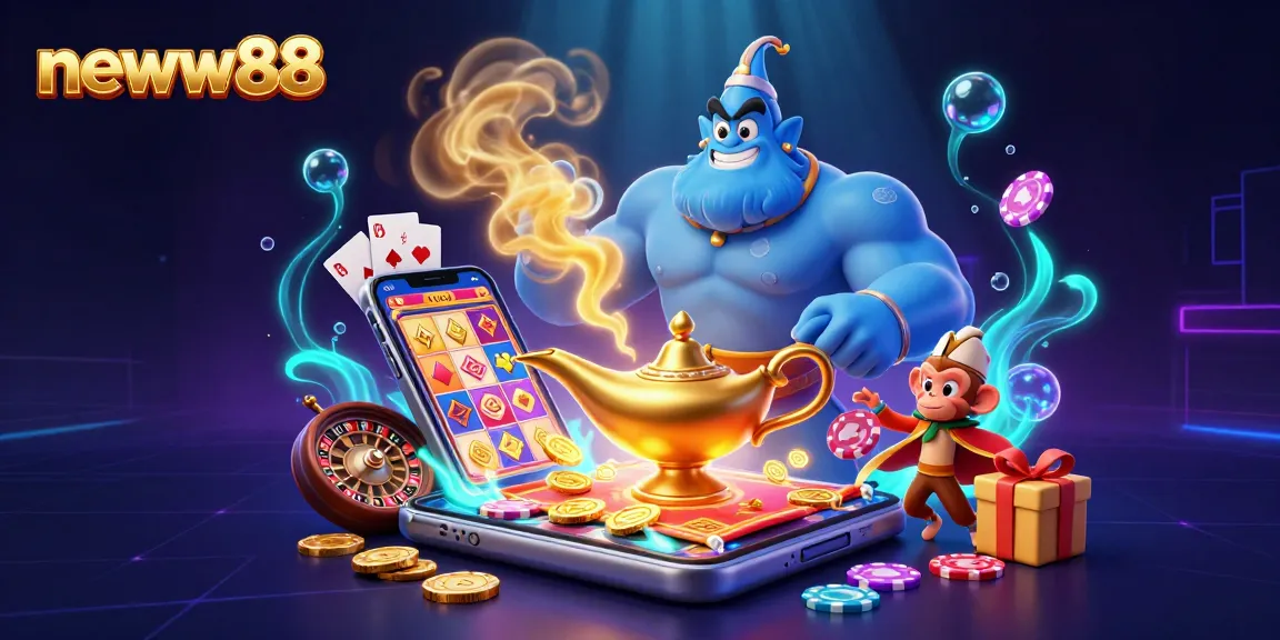 Experience the magic of neww88 with a vibrant 3D illustration of the genie, monkey, and casino games.
