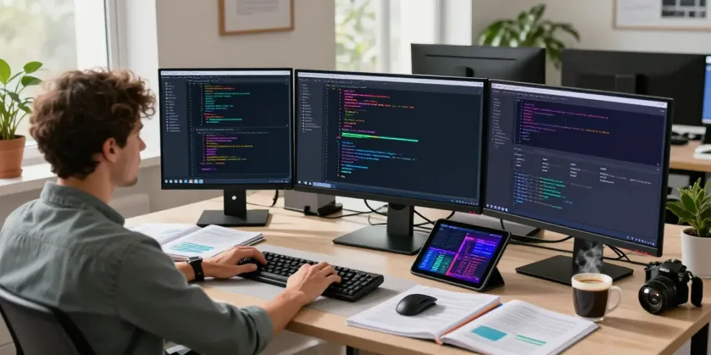 Developer at a modern workstation showcasing open-source apps at h5.2113.net.