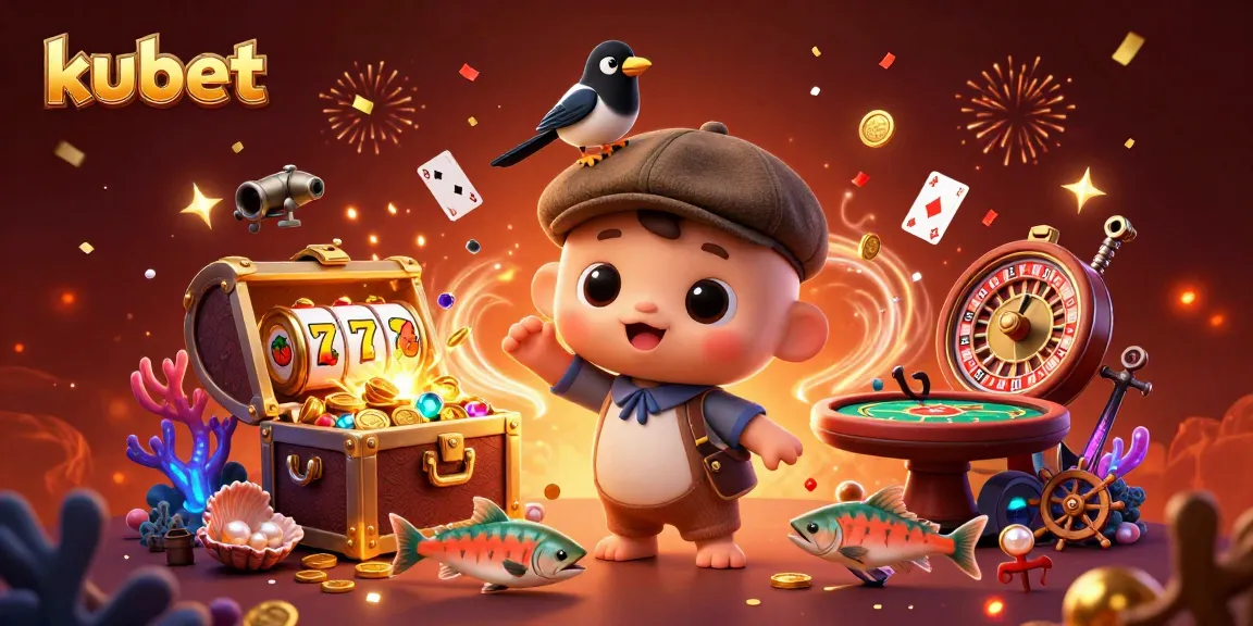 Kubet casino features a playful 3D Nessie and gold-obsessed bird surrounded by slot reels and treasure