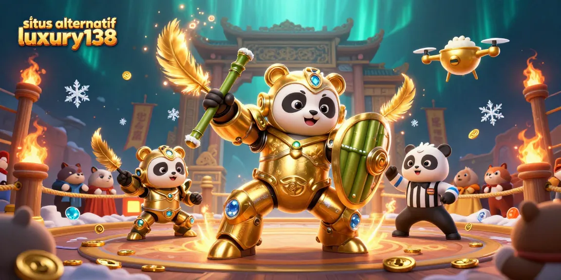 Situs alternatif luxury138 showcases dynamic gaming features in an ultra-detailed 3D illustration of a daring panda pilot.