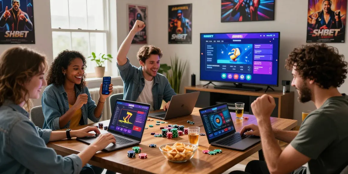 Friends celebrating a win while playing on SHBET platform, showcasing an exciting online gambling experience.