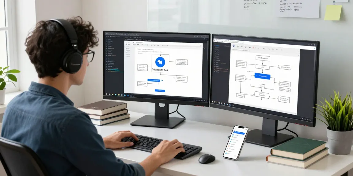 Developer coding telegram chinese bots on dual monitors in a modern workspace.