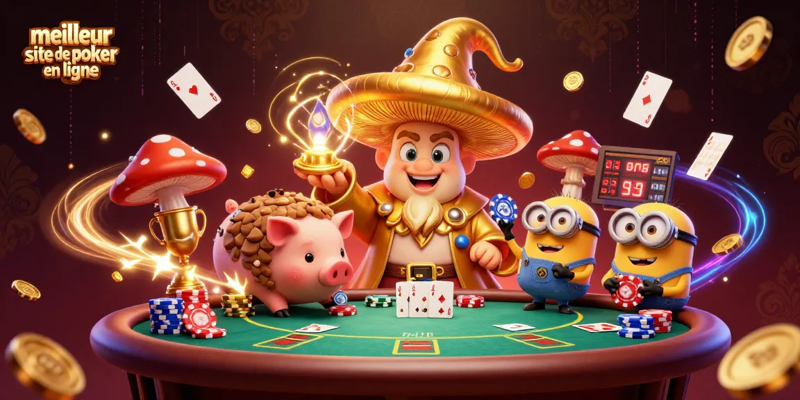 Illustration dynamique du meilleur site de poker en ligne avec un sorcier champignon et des cartes de poker volant.
