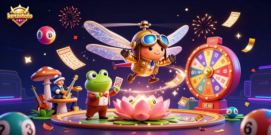 Experience kenzototo with a vibrant scene of a dragonfly pilot and frog croupier amidst colorful lottery elements.