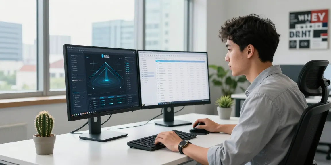 快连 network optimization software displayed on dual monitors in a modern workspace.