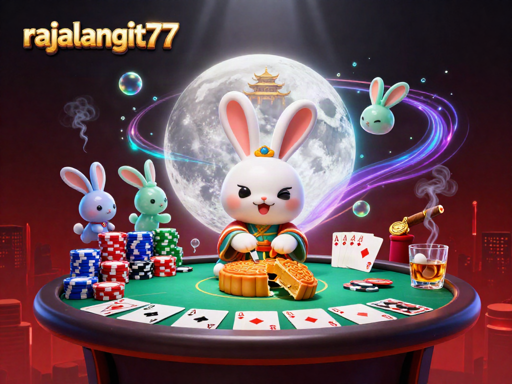 Ilustrasi 3D rajalangit77 dengan kelinci bulan dan unsur poker menarik.