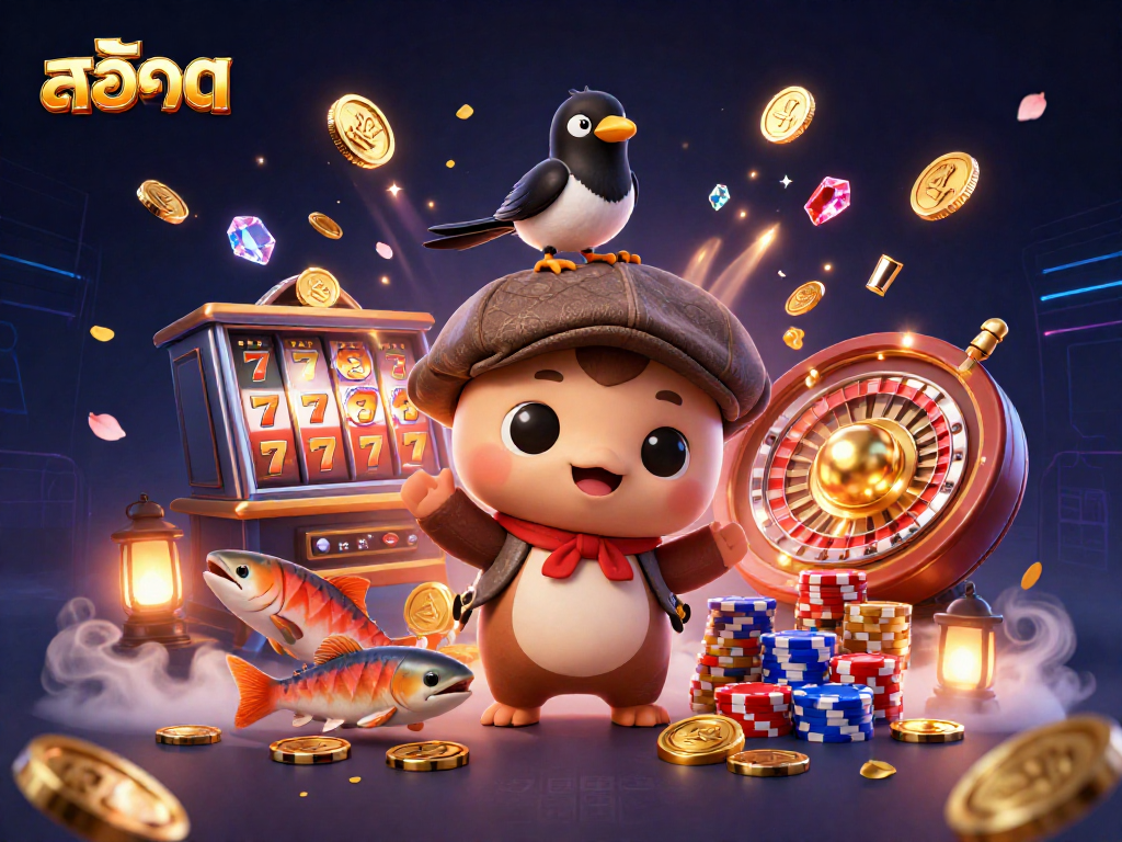 Engage with สล็อต as you watch cascading coins and gems in a vibrant casino scene.