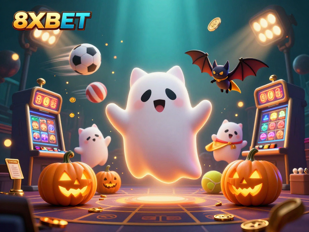 Engage with 8XBET's lively online casino scene featuring a ghostly cat, sports balls, and dynamic casino elements.