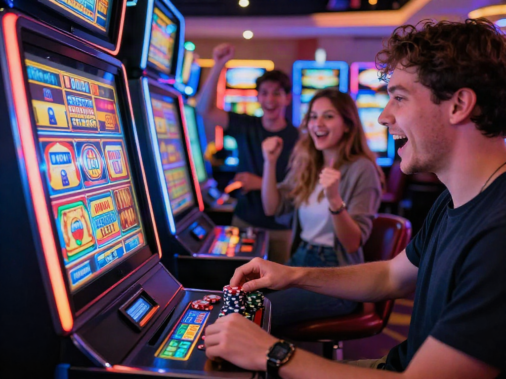 Excited player at a casino slot machine celebrating a win with slot depo 10k on screen, vibrant lights and friends cheering.