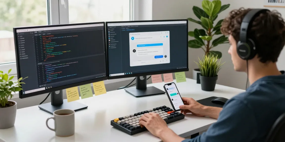 Developer coding telegram chinese bots in a bright workspace with multiple monitors