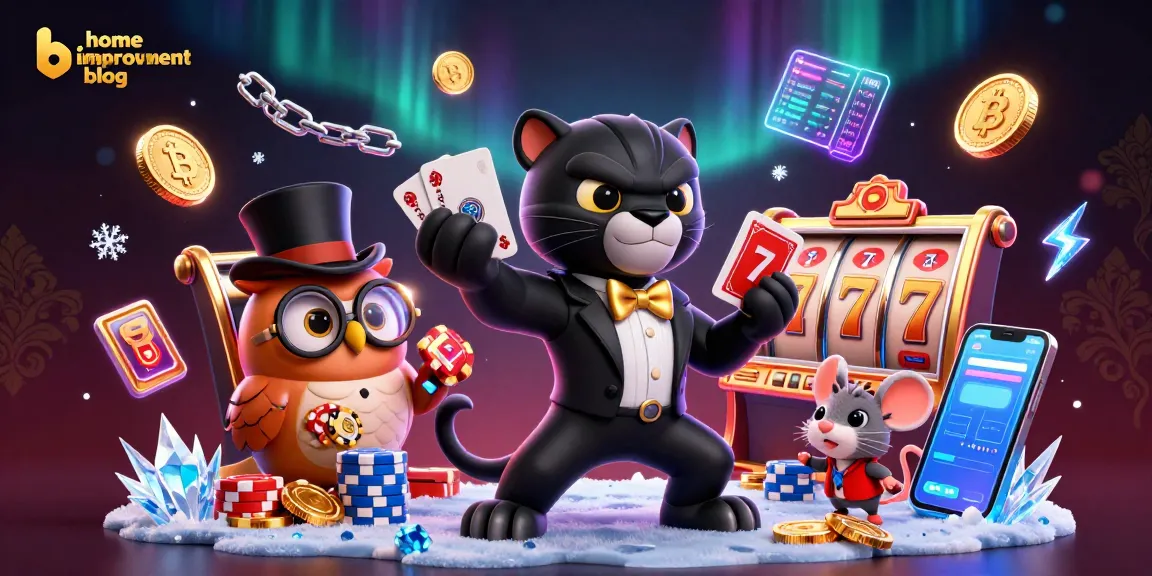 Engage with the vibrant gaming scene at the home improvement blog featuring a stylish panther dealing cards, an owl with poker chips, and cryptocurrency coins.