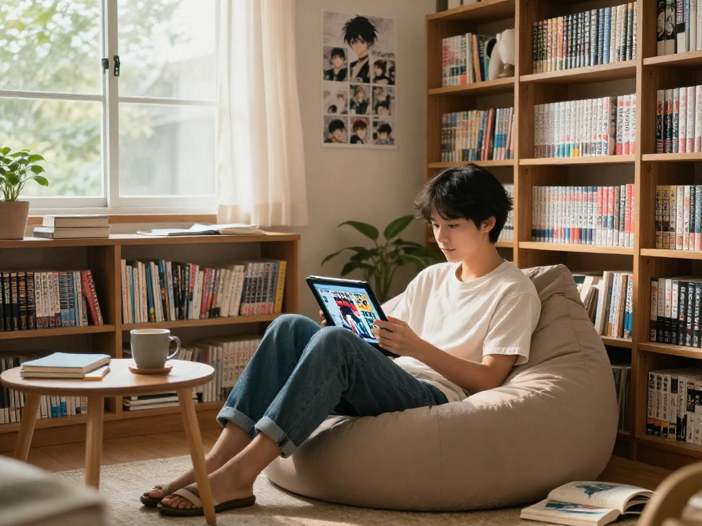 Browse Manga in a cozy reading nook filled with books, tablet in hand, warm ambiance.