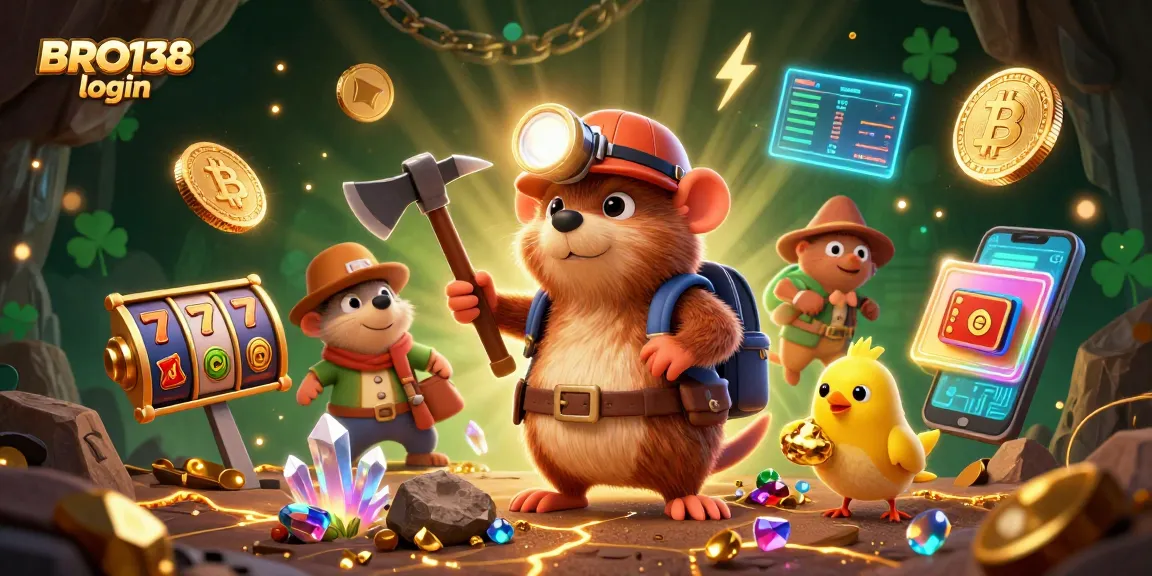 Engage in slots and jackpots with the BRO138 login scene, featuring a treasure hunter mole and glowing crypto elements.