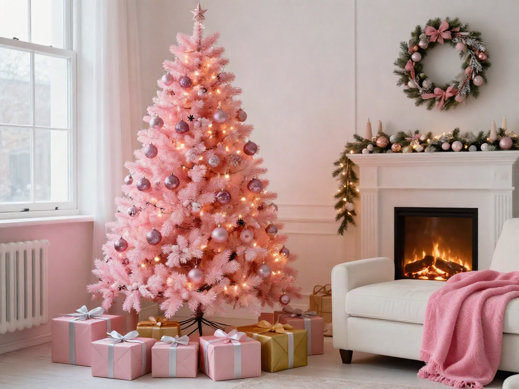 Christmas tree with pink decor illuminated in a cozy living room.