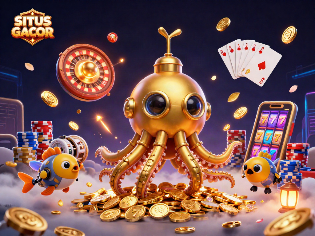 SITUS GACOR showcases a vibrant 3D casino scene with golden kraken and slot reels for thrilling wins.