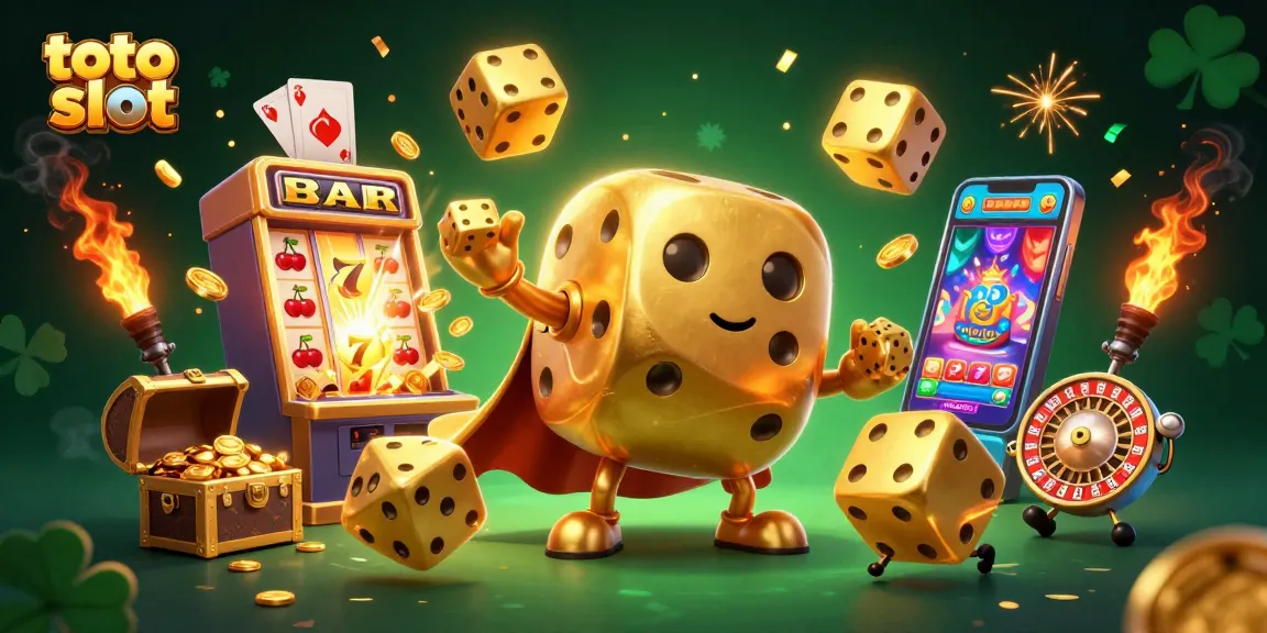 Experience exciting toto slot action with golden dice and vibrant casino elements in a lively 3D scene.
