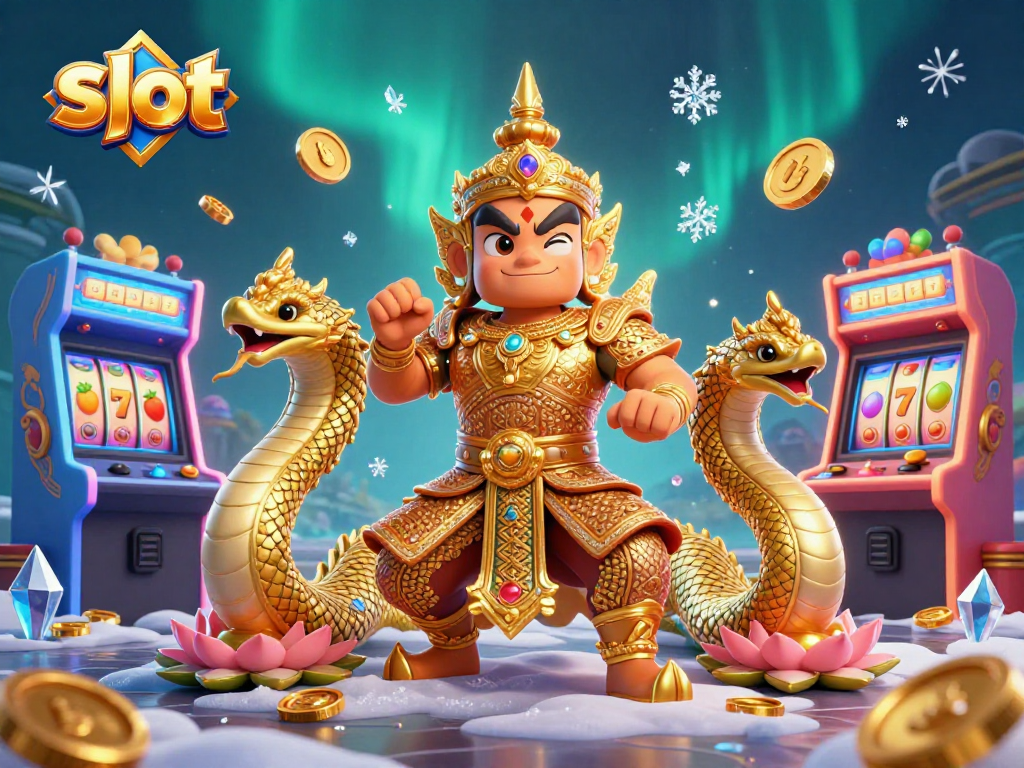 Engage with the vibrant slot gaming scene featuring a guardian and Naga companions.