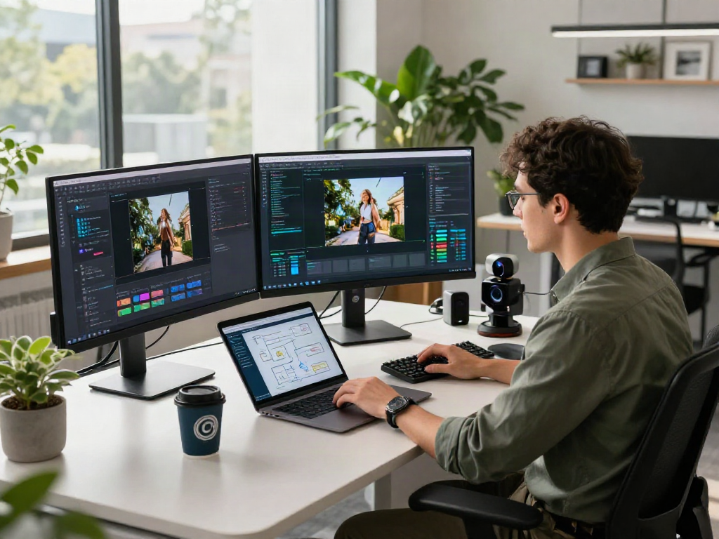 Using AI Image Detector software, an analyst reviews AI-generated images in a modern tech workspace.