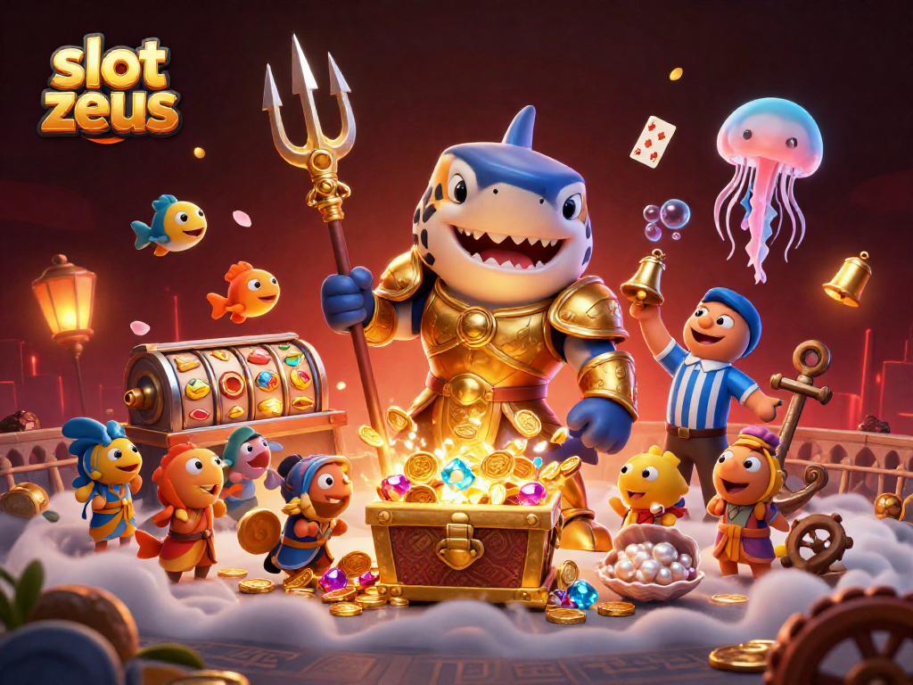 Engage with slot zeus featuring a fierce cartoon shark, dynamic slot reels, and a lively underwater scene.
