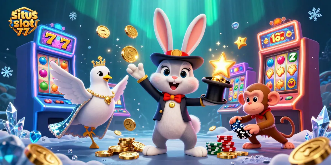 Experience wins at situs slot 77 with a magical scene of a rabbit, dove, and monkey in a dynamic casino.