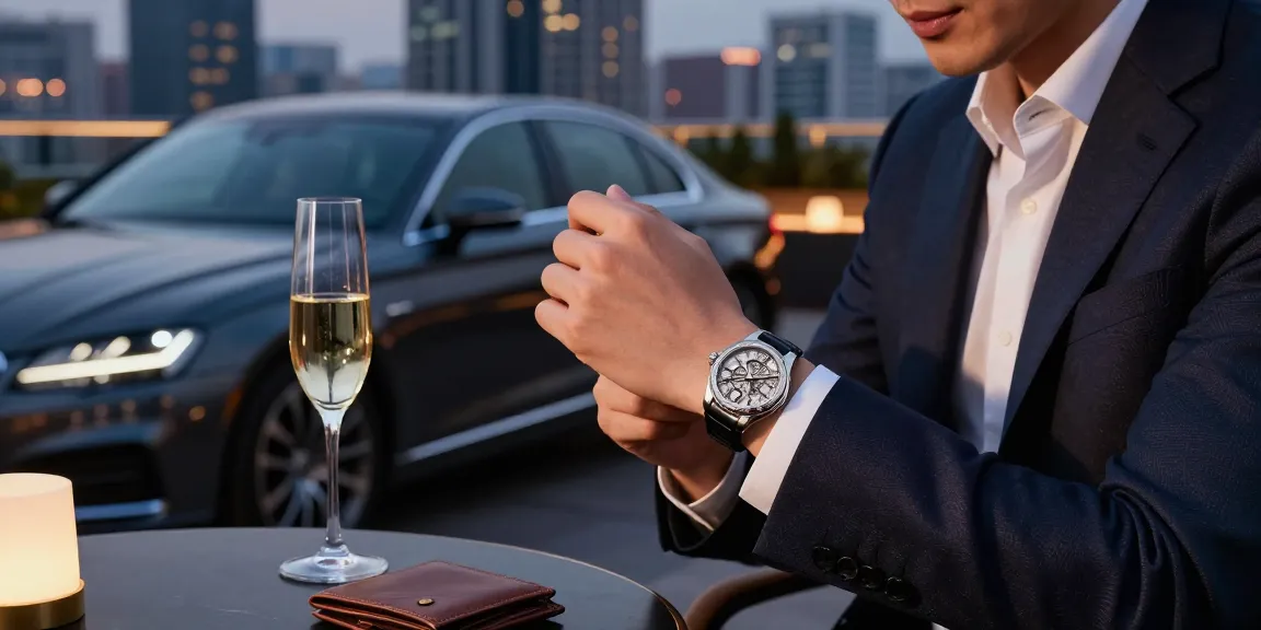 Luxury watch enthusiast examines replica watches in an elegant urban setting, showcasing sophistication and style.