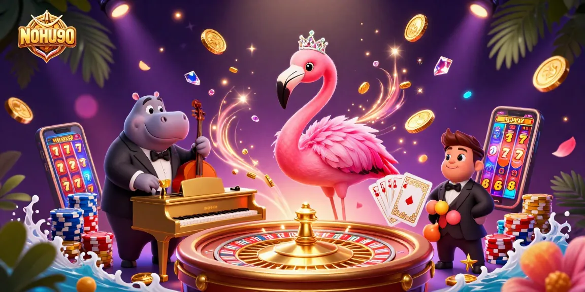 Engage with NOHU90's vibrant casino world showcasing thrilling gameplay with colorful characters.