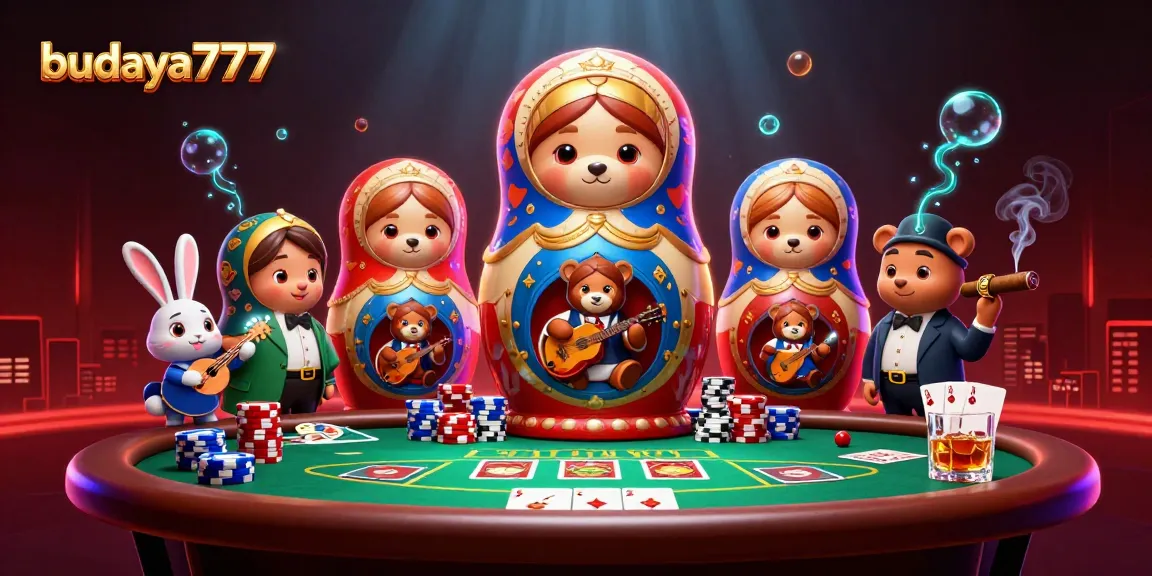 Gambarkan aksi menang budaya777 di kasino dengan karakter Matryoshka beruang dan elemen poker.