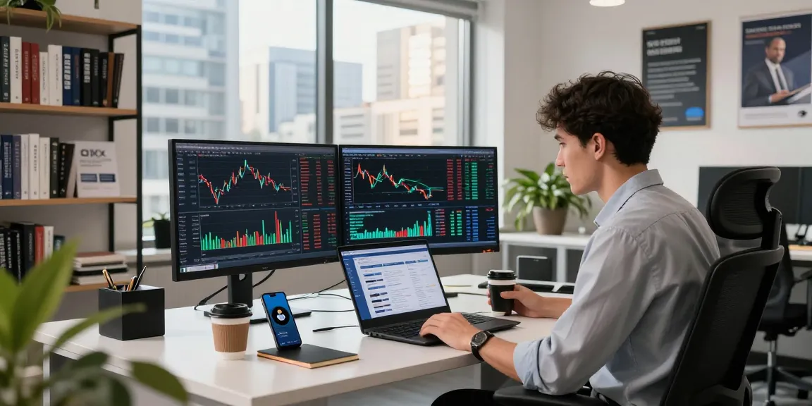 Dynamic finance office scene with a trader analyzing cryptocurrency trends on OKX at https://crypto-reviews.ru/okx-v-kazahstane/.