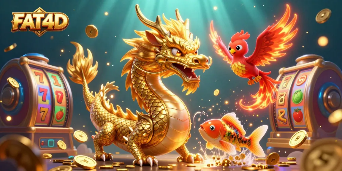 FAT4D showcases a dynamic casino scene with a golden dragon, phoenix, and koi fish amidst vibrant slot machines.