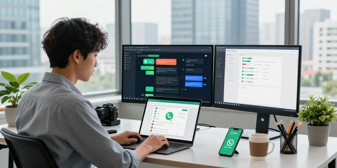 Professional workspace showcasing WhatsApp網頁版 on screens with a focus on productivity and modern technology.